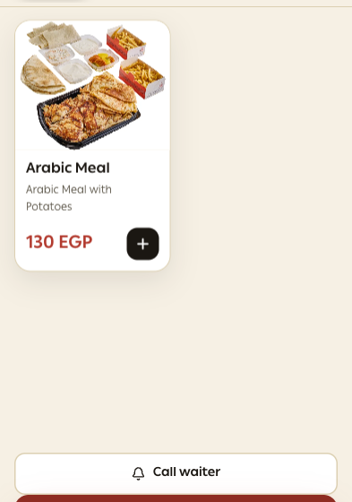 RestuHub guest mobile menu showing a restaurant item and table controls