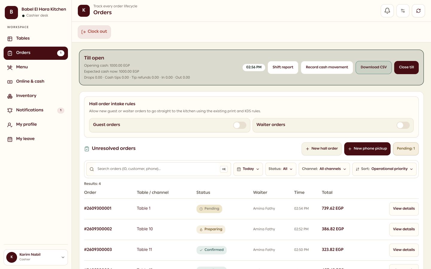 POS & cashier — Real interface · demo restaurant data