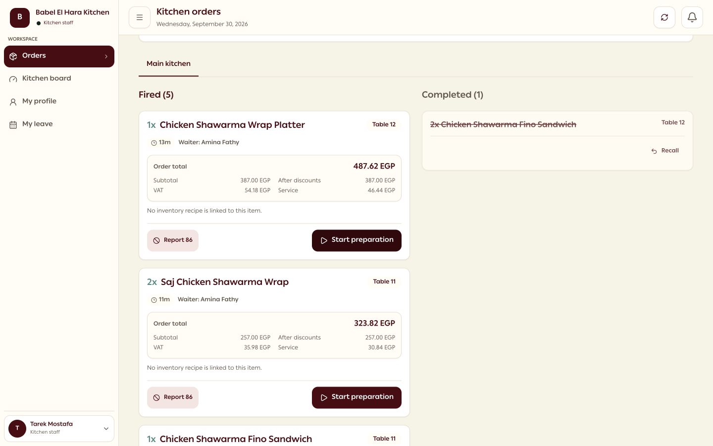 Kitchen display — Real interface · demo restaurant data